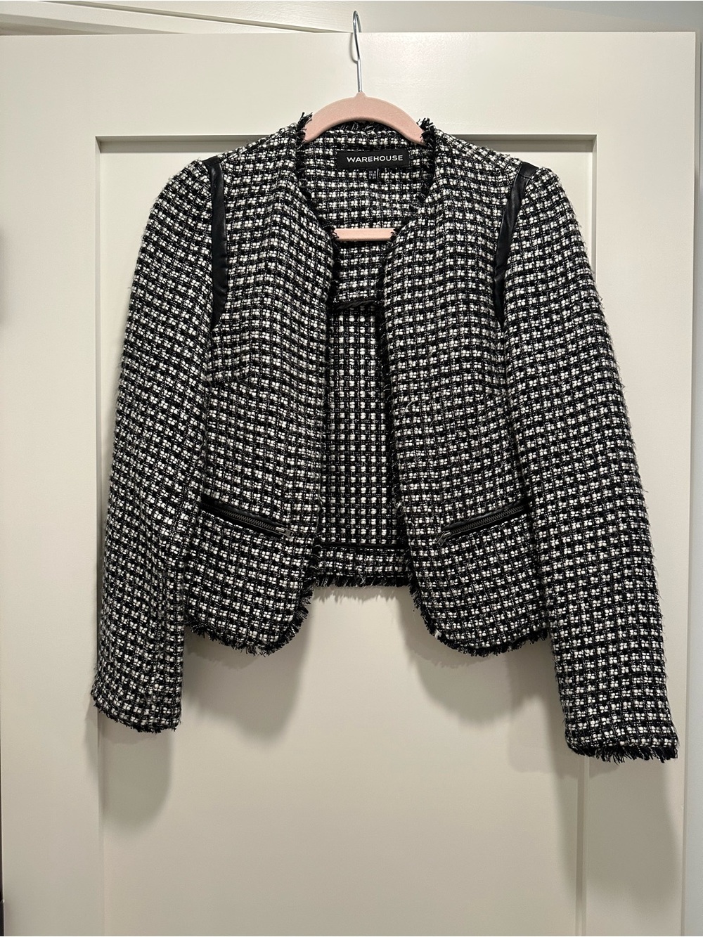 Warehouse Black & White Tweed Frayed-Edge Cropped Blazer